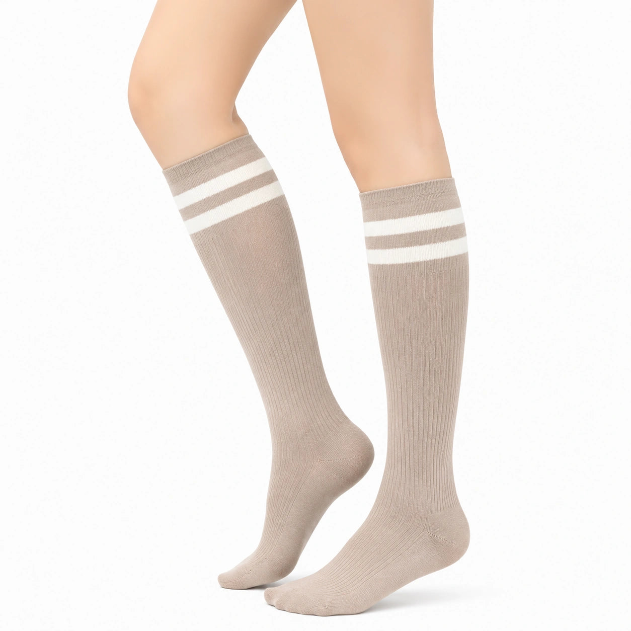 Kniestrümpfe 35-38 aus Textil Beige Weiß gerippt mit Streifen